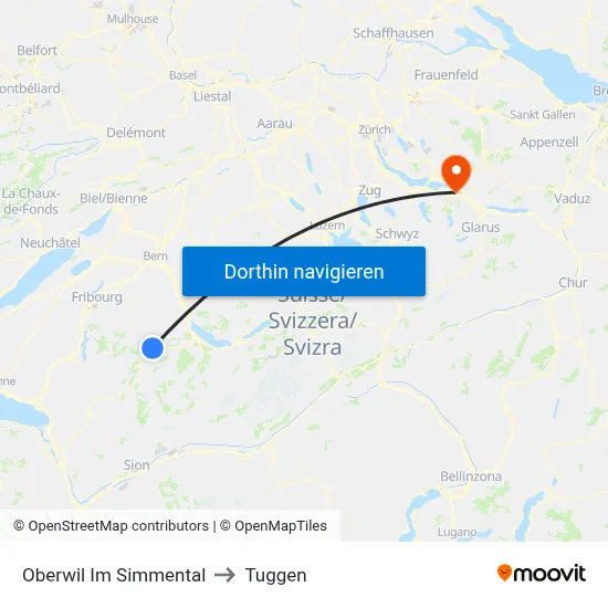 Oberwil Im Simmental to Tuggen map