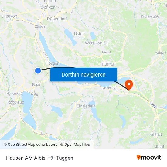 Hausen AM Albis to Tuggen map