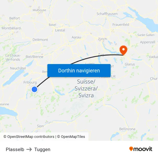 Plasselb to Tuggen map