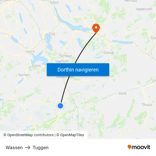 Wassen to Tuggen map