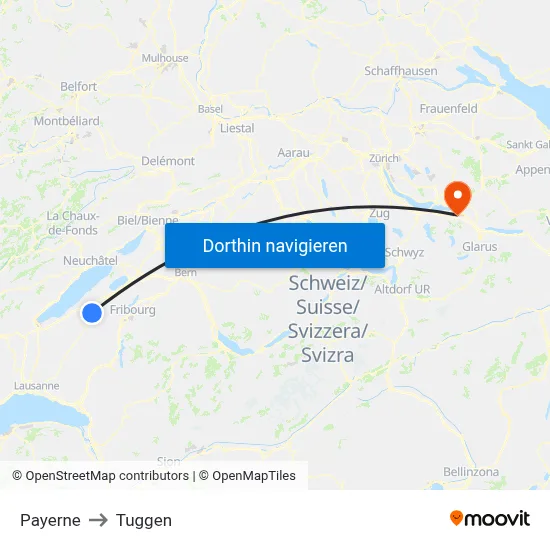Payerne to Tuggen map