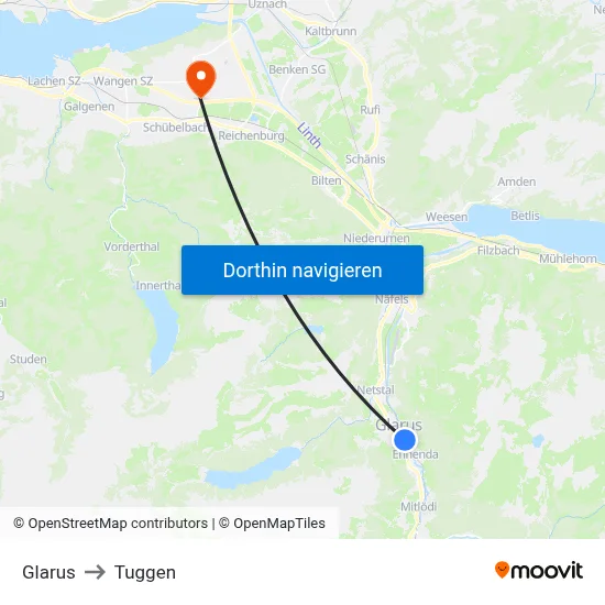 Glarus to Tuggen map