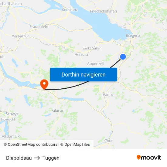 Diepoldsau to Tuggen map