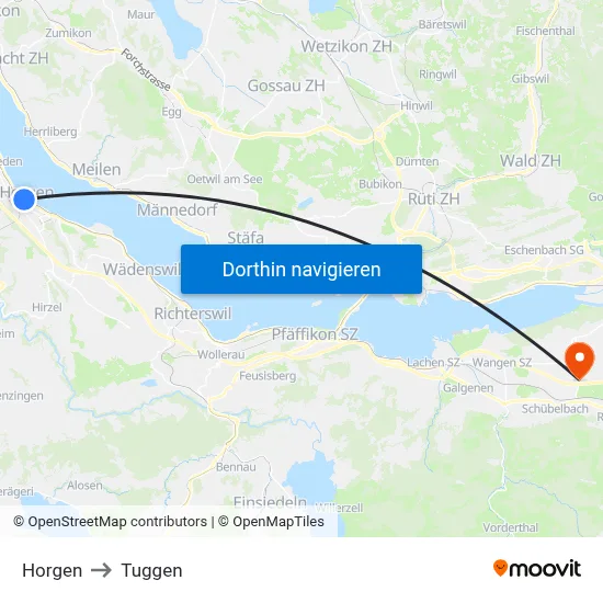 Horgen to Tuggen map