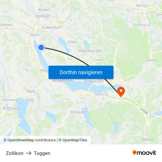 Zollikon to Tuggen map