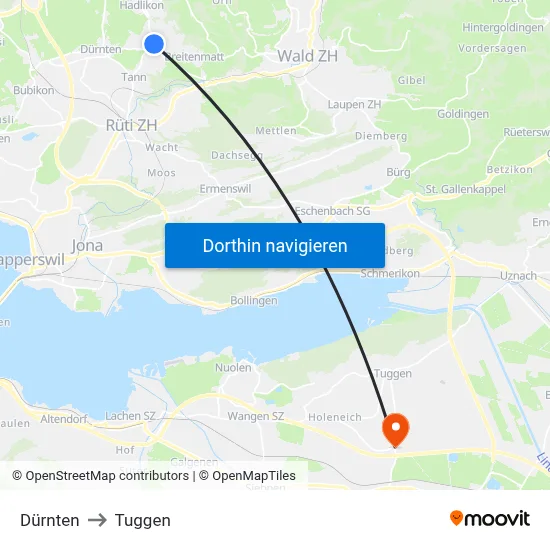 Dürnten to Tuggen map