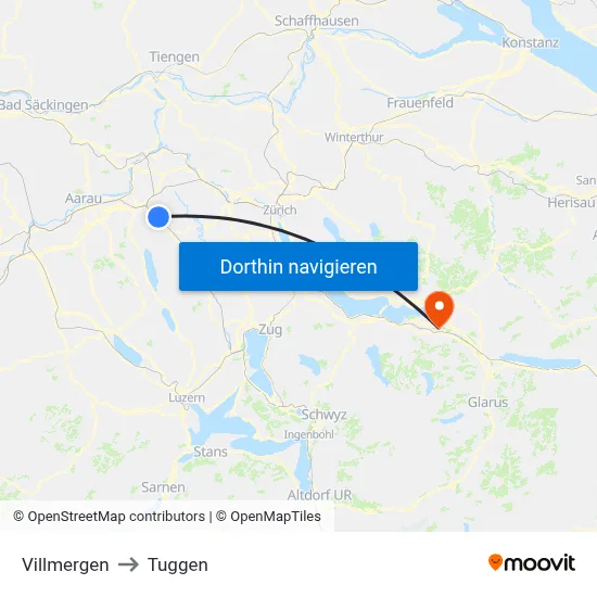 Villmergen to Tuggen map
