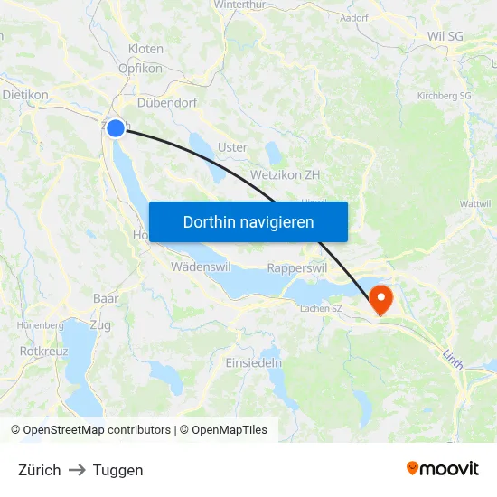 Zürich to Tuggen map