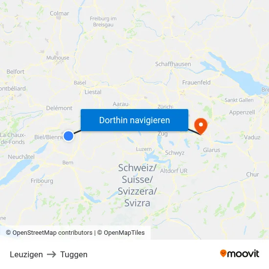 Leuzigen to Tuggen map