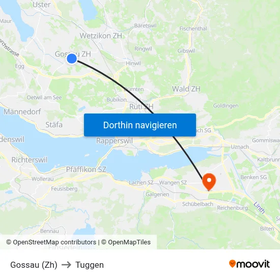 Gossau (Zh) to Tuggen map