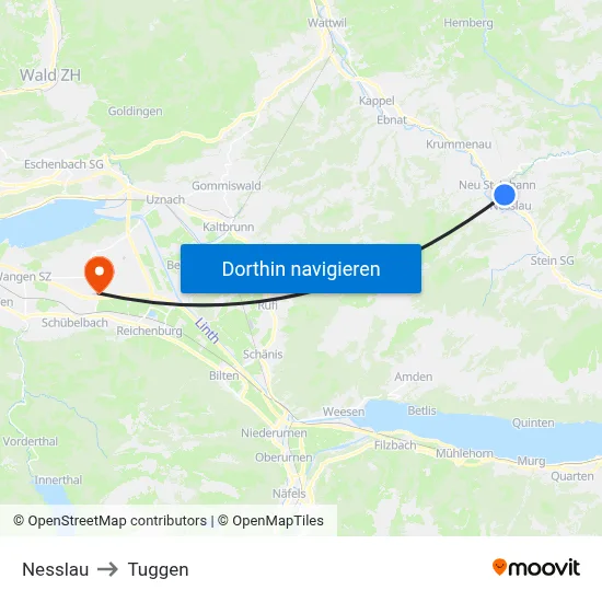 Nesslau to Tuggen map
