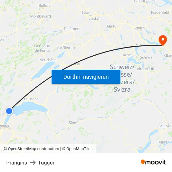 Prangins to Tuggen map