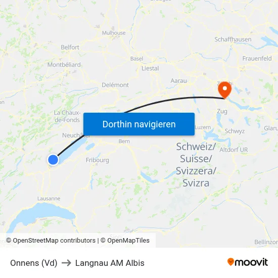 Onnens (Vd) to Langnau AM Albis map