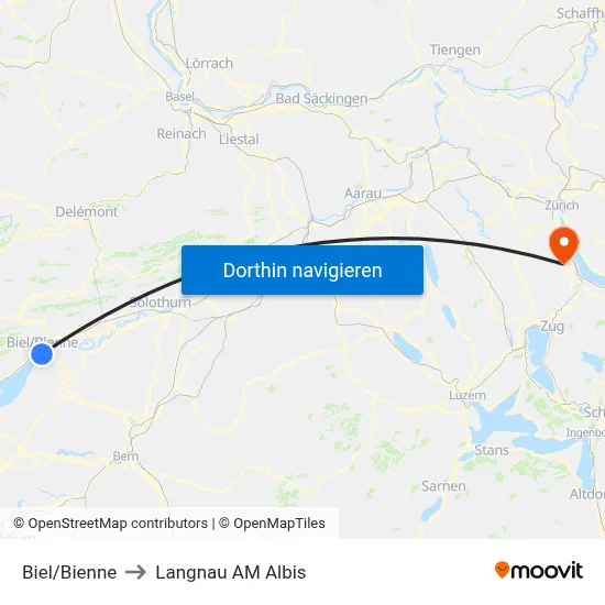 Biel/Bienne to Langnau AM Albis map