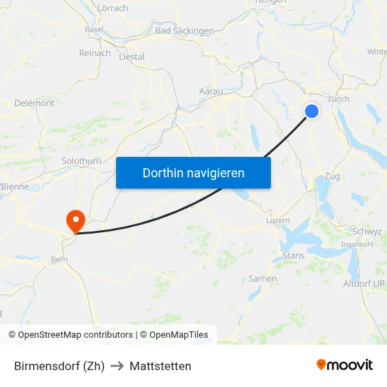 Birmensdorf (Zh) to Mattstetten map