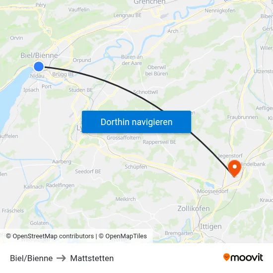 Biel/Bienne to Mattstetten map