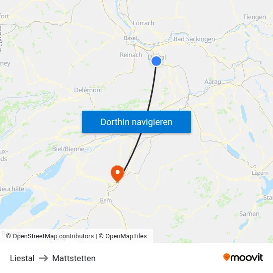 Liestal to Mattstetten map