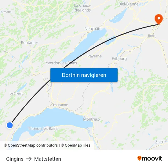 Gingins to Mattstetten map