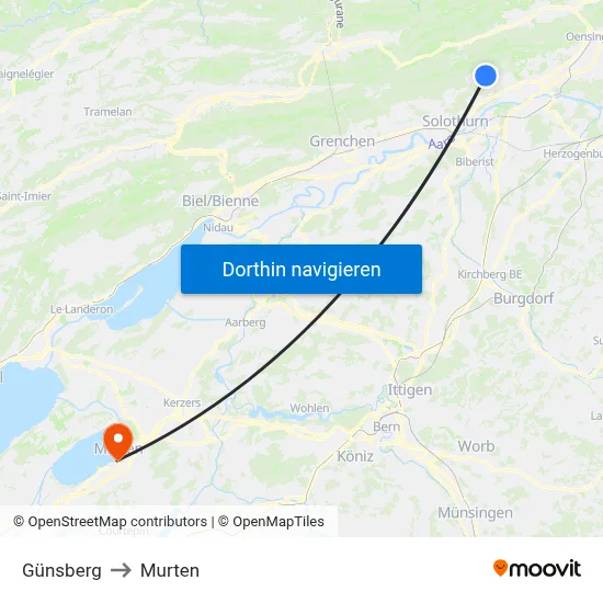 Günsberg to Murten map
