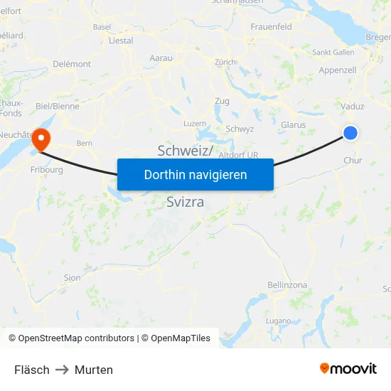 Fläsch to Murten map