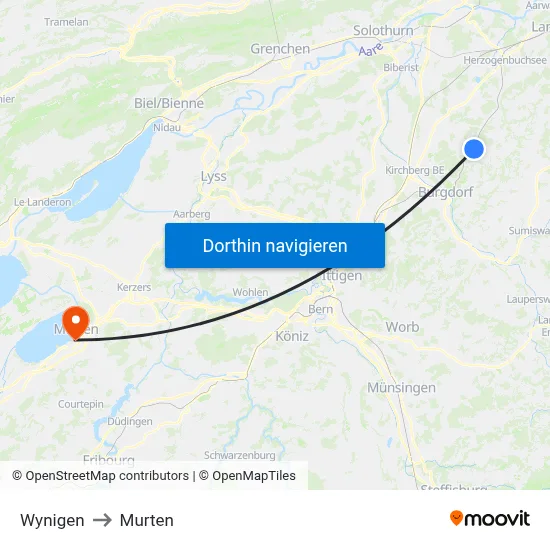 Wynigen to Murten map