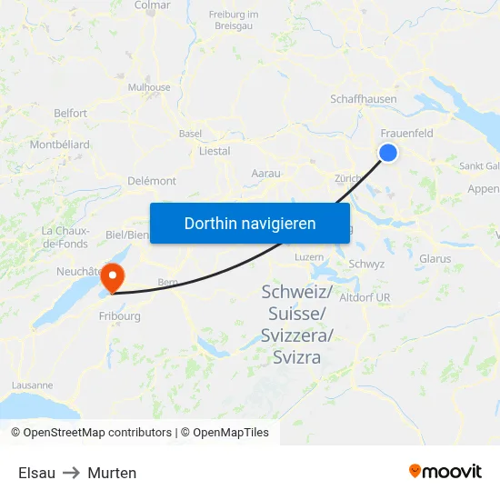 Elsau to Murten map