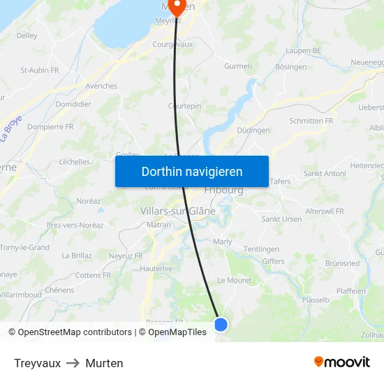 Treyvaux to Murten map