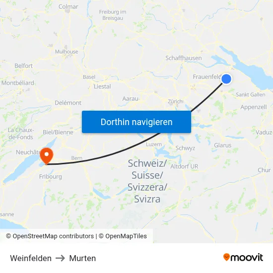 Weinfelden to Murten map