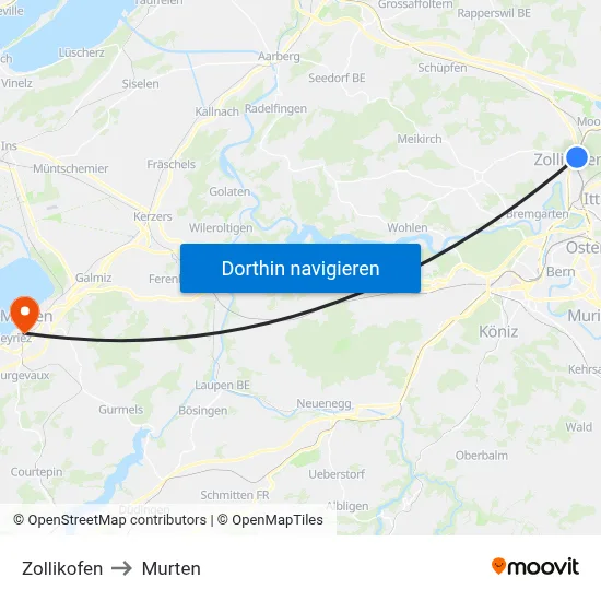 Zollikofen to Murten map