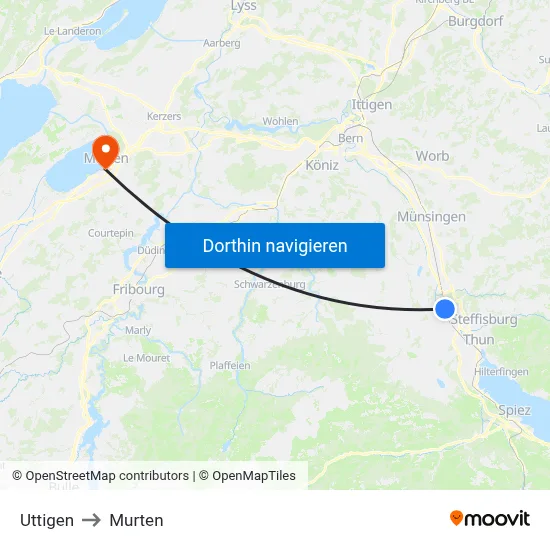 Uttigen to Murten map