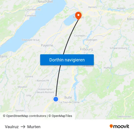 Vaulruz to Murten map