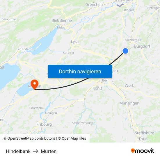 Hindelbank to Murten map