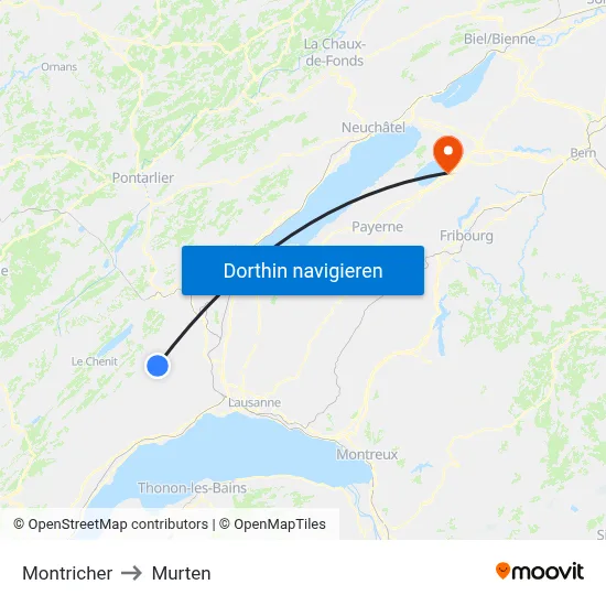 Montricher to Murten map