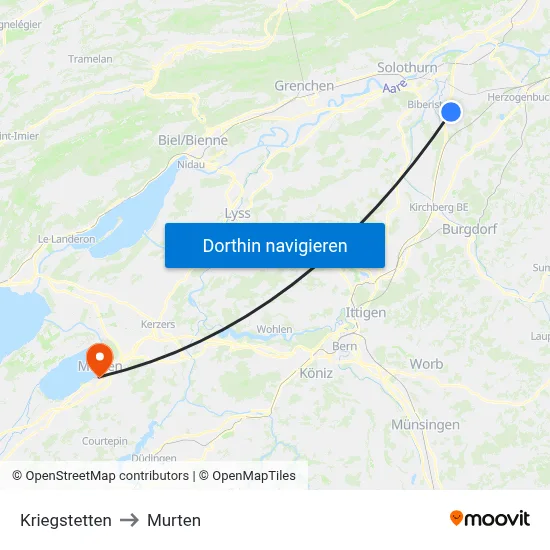 Kriegstetten to Murten map