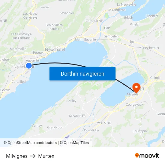 Milvignes to Murten map