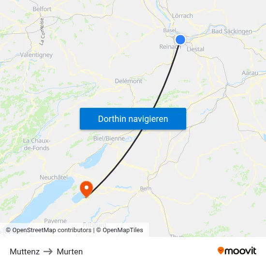 Muttenz to Murten map