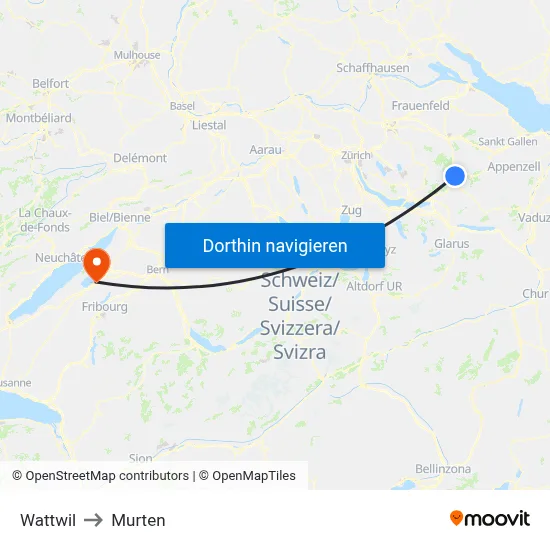 Wattwil to Murten map