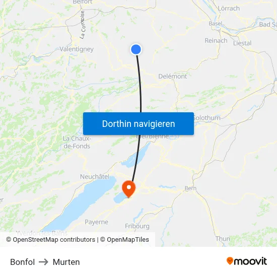 Bonfol to Murten map