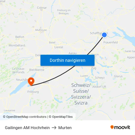 Gailingen AM Hochrhein to Murten map