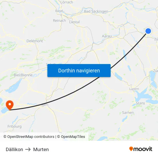 Dällikon to Murten map