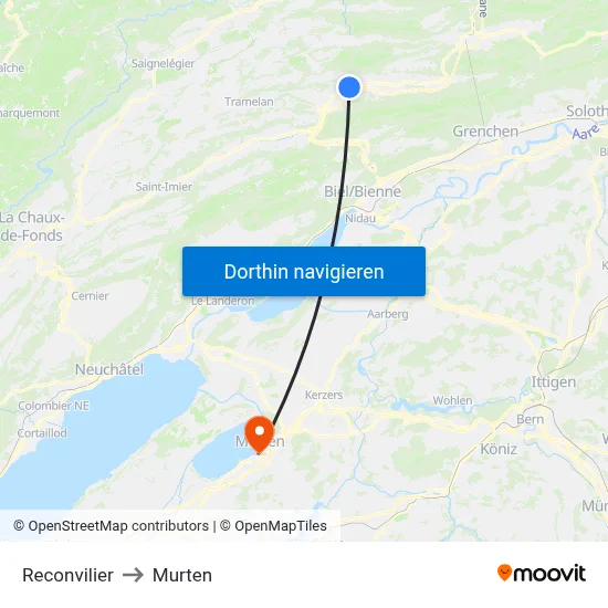 Reconvilier to Murten map