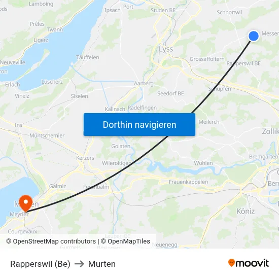 Rapperswil (Be) to Murten map