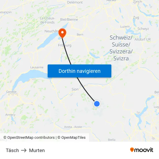 Täsch to Murten map