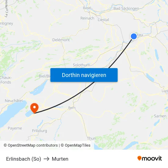 Erlinsbach (So) to Murten map