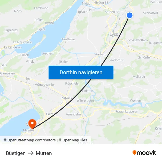 Büetigen to Murten map