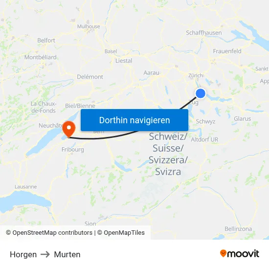 Horgen to Murten map