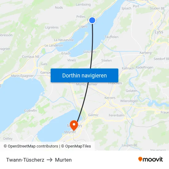 Twann-Tüscherz to Murten map