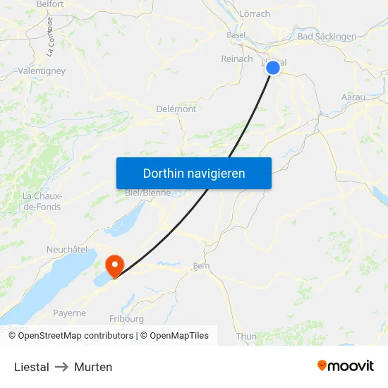 Liestal to Murten map