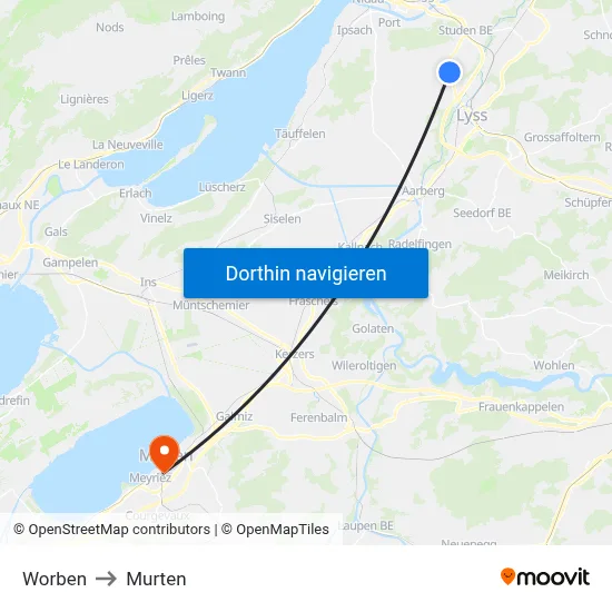 Worben to Murten map
