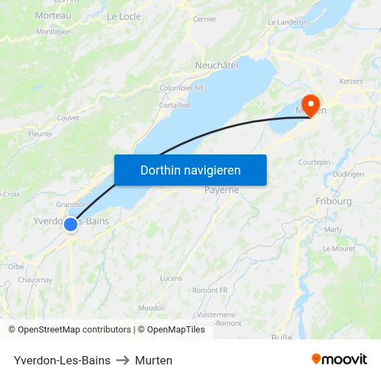 Yverdon-Les-Bains to Murten map